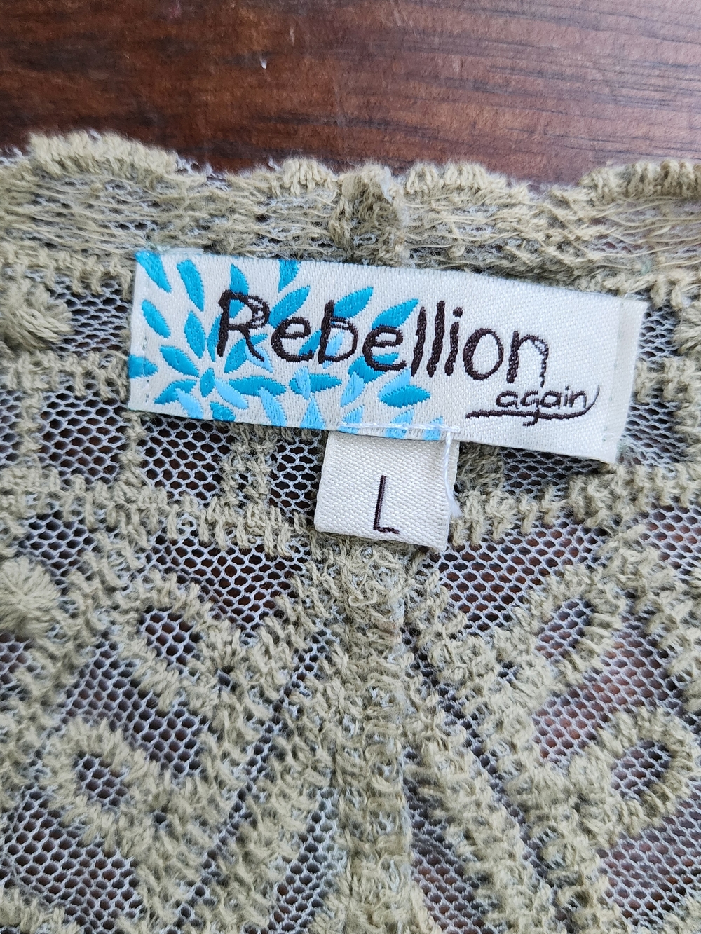 Rebellion Again Olive Green Lace Mesh Duster Kimono Cardigan Boho L - Picture 9 of 10